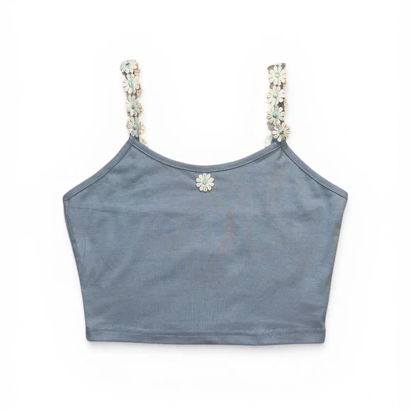 ROMWE Blue Daisy Embroidered Feminine Floral Straps Cropped Cami, Size XS - Picture 1 of 9